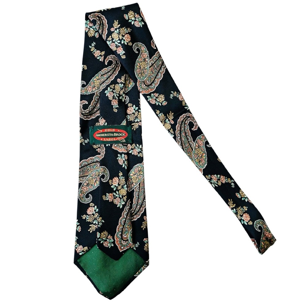 VTG Amherst & Brock‎ Silk Necktie Black Pink Green Floral Paisley Print Neck Tie - Picture 5 of 8